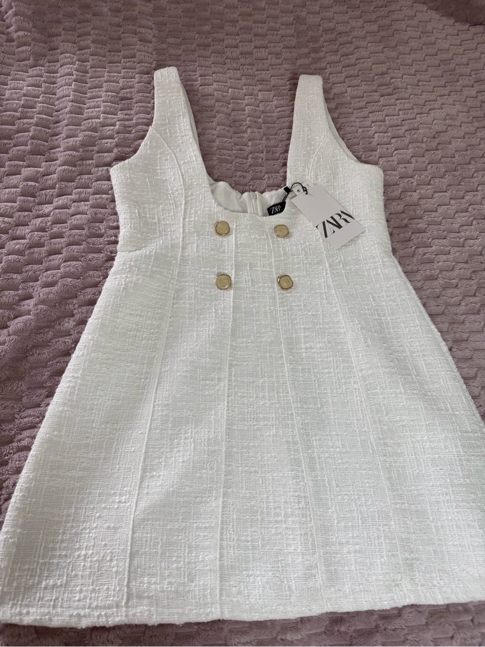 Zara White Textured Sleeveless Dress with Gold Buttons